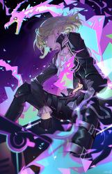 Rule 34 | 1boy, absurdres, androgynous, ascot, asona, black jacket, blue fire, elbow on knee, fire, gloves, green fire, green hair, half gloves, highres, jacket, lio fotia, long sleeves, looking at viewer, male focus, outstretched arm, parted lips, promare, purple eyes, purple fire, pyrokinesis, short hair, sitting, solo, studded