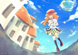Rule 34 | 1girl, beret, black socks, blush, brown hair, city, closed eyes, cloud, earth (planet), hat, holding, holding paper, long hair, mary janes, nanashino (7shino gs), necktie, open mouth, outdoors, paper, planet, pop&#039;n music, red footwear, red hat, red necktie, rie-chan, shirt, shoes, signature, skirt, sky, socks, solo, walking, white shirt