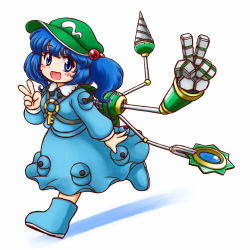 Rule 34 | 1girl, backpack, bag, blouse, blue eyes, blue hair, blue shirt, blue skirt, blush, blush stickers, boots, drill, eyebrows, full body, green hat, hair bobbles, hair ornament, hat, kawashiro nitori, key, long sleeves, looking at viewer, matching hair/eyes, mechanical arms, nitamago, open mouth, pocket, rubber boots, shirt, short hair, simple background, single mechanical arm, skirt, skirt set, smile, solo, touhou, two side up, v, white background