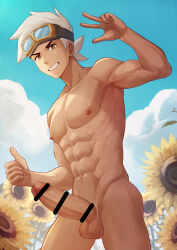 Rule 34 | 1boy, abs, bar censor, censored, cloud, commentary request, cowboy shot, creatures (company), day, flower, friede (pokemon), game freak, goggles, goggles on head, grin, hand up, highres, looking at viewer, male focus, navel, nintendo, nipples, nude, outdoors, pectorals, penis, pokemon, pokemon (anime), pokemon horizons, sky, smile, solo, sunflower, teeth, tentis, testicles, thumbs up, w, white hair, yellow eyes