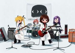 Rule 34 | 4girls, ahoge, alternate costume, amplifier, bass guitar, black ribbon, blonde hair, blue eyes, blue necktie, blush, brown eyes, brown hair, commentary request, converse, drum, drum set, drumming, drumsticks, electric guitar, gibson sg, glasses, goshiki agiri, green eyes, green necktie, guitar, hair ribbon, highres, holding, holding instrument, id card, instrument, keyboard (instrument), kill me baby, lab coat, long hair, looking at viewer, looking away, looking down, microphone, microphone stand, multicolored hair, multiple girls, necktie, okayparium, open mouth, oribe yasuna, plectrum, purple hair, red hair, red necktie, ribbon, shoes, short hair, smile, sneakers, sonya (kill me baby), twintails, unused character (kill me baby), yellow necktie