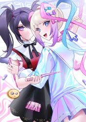 Rule 34 | 2girls, :d, absurdres, ame-chan (needy girl overdose), black hair, black ribbon, black skirt, blonde hair, blood, blue bow, blue eyes, blue hair, blue shirt, blue skirt, blush, bow, chouzetsusaikawa tenshi-chan, closed mouth, collar, collared shirt, commentary, cursor, dual persona, emoji, english commentary, hair bow, hair ornament, hair over one eye, hair tie, heart, heart hair ornament, hexenmesser, highres, holding, holding knife, holographic clothing, jirai kei, knife, long hair, long sleeves, looking at viewer, multicolored hair, multiple girls, neck ribbon, needy girl overdose, noose, open mouth, pill, pink blood, pink bow, pink hair, pleading face emoji, pleated skirt, purple bow, purple eyes, quad tails, red nails, red shirt, ribbon, sailor collar, school uniform, self-harm, serafuku, shirt, shirt tucked in, skirt, smile, suspender skirt, suspenders, twintails, very long hair, white collar