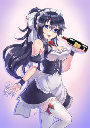 Rule 34 | 10s, 1girl, bare shoulders, black hair, blue eyes, breasts, cleavage, cup, drinking glass, highres, large breasts, long hair, maid, netoge no yome wa onna no ko janai to omotta?, solo, tamaki ako, thighhighs, tsuki (s1ber), wine glass