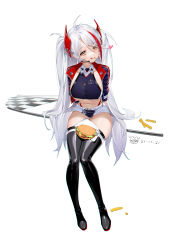 Rule 34 | 1girl, :q, absurdres, antenna hair, arms behind back, azur lane, belt, black footwear, boots, breasts, burger, checkered flag, collarbone, collared shirt, commentary, crop top, cropped jacket, cropped shirt, cross, dated, earpiece, flag, food, food on clothes, food on face, french fries, full body, hair between eyes, head tilt, heart, highleg, highleg panties, highres, iron cross, jacket, large breasts, leaning forward, long hair, looking at viewer, miniskirt, multicolored hair, navel, official alternate costume, open clothes, open jacket, panties, prinz eugen (azur lane), prinz eugen (final lap) (azur lane), purple jacket, purple shirt, purple skirt, race queen, red hair, red panties, shirt, sidelocks, silver hair, simple background, sitting, skindentation, skirt, sleeveless, sleeveless shirt, smile, solo, stomach, streaked hair, tangdouji (machine), taut clothes, taut shirt, thigh boots, thighhighs, tongue, tongue out, two-tone skirt, two side up, underboob, underwear, very long hair, white background, white belt, white skirt, yellow eyes, zettai ryouiki