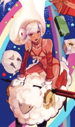 Rule 34 | 1girl, :d, altera (fate), altera the santa (fate), bad id, bad pixiv id, bare legs, bare shoulders, blue sky, blush, boots, bow, box, breasts, choker, christmas, cleavage, collarbone, commentary, dark-skinned female, dark skin, detached sleeves, earmuffs, fate/grand order, fate (series), full-body tattoo, fur-trimmed mittens, fur trim, gift, gift box, highres, knee boots, long sleeves, mittens, navel, night, night sky, open mouth, outdoors, parted bangs, rainbow, red choker, red eyes, red footwear, revealing clothes, riding, sheep, shiny skin, short hair, sky, small breasts, smile, star (sky), star (symbol), starry sky, stomach, straddling, tattoo, umi (user mnhy4728), veil, white bow, white hair, white mittens