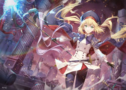 Rule 34 | 1girl, artoria caster (fate), artoria caster (second ascension) (fate), artoria pendragon (fate), belt, beret, black gloves, black pantyhose, blonde hair, blue cape, blue hat, blush, breasts, buttons, cape, double-breasted, dress, fate/grand order, fate (series), gabiran, gloves, green eyes, hat, holding, holding staff, hood, hooded cape, long hair, long sleeves, looking at viewer, multicolored cape, multicolored clothes, pantyhose, red cape, small breasts, solo, staff, thighs, twintails, white dress