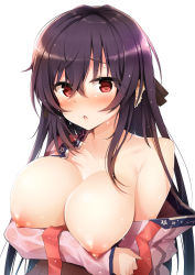 Rule 34 | 1girl, absurdres, black hair, black ribbon, blush, boku no kanojo wa ningyohime!?, breast hold, breasts, collarbone, commentary request, fins, hair between eyes, hair ribbon, head fins, highres, large breasts, long hair, looking at viewer, macchiato (jae-min cho), mermaid, monster girl, nipples, open mouth, puffy nipples, red eyes, ribbon, see-through, solo, upper body, wet, wet clothes, white background