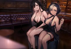 Rule 34 | 2girls, armpits, bar (place), black dress, black hair, blurry, breasts, cleavage, commission, cup, depth of field, dress, drinking glass, grey eyes, grin, hair over one eye, halter dress, halterneck, hand on another&#039;s hip, hand on another&#039;s thigh, head tilt, highres, large breasts, long hair, looking at viewer, multicolored hair, multiple girls, neonbeat, no bra, one eye closed, original, sera (judgemint), smile, thigh strap, thighs, wine glass, yellow eyes