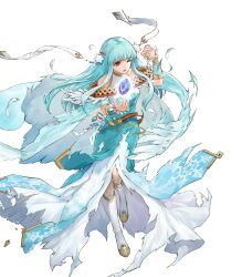 Rule 34 | 1girl, bare shoulders, belt, blue hair, boots, breasts, cape, detached sleeves, dress, feather trim, feathers, fire emblem, fire emblem: the blazing blade, fire emblem heroes, floating, floating object, full body, gradient clothes, hair ornament, hand up, highres, knee boots, long dress, long hair, long skirt, looking away, medium breasts, ninian (fire emblem), nintendo, non-web source, official art, one eye closed, open mouth, red eyes, skirt, solo, torn belt, torn cape, torn clothes, torn dress, transparent background, uroko (mnr)