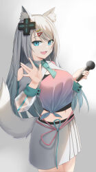 Rule 34 | 1girl, :d, animal ear fluff, animal ears, aqua necktie, blue eyes, clothing cutout, collared shirt, cowboy shot, crop top, d-pad, d-pad hair ornament, fangs, fox ears, fox girl, fox tail, gradient shirt, grey background, grey hair, hair ornament, hairclip, hands up, holding, holding microphone, long hair, long sleeves, looking at viewer, looking to the side, meridian project, microphone, midriff, miniskirt, mizuki (vtuber), multicolored shirt, navel, necktie, open mouth, pink ribbon, pleated skirt, ribbon, see-through, see-through sleeves, shirt, short necktie, shoulder cutout, skin fangs, skirt, smile, solo, standing, straight hair, swept bangs, tail, tail raised, tied shirt, triangle hair ornament, virtual youtuber, waist ribbon, wasami, waving, white skirt