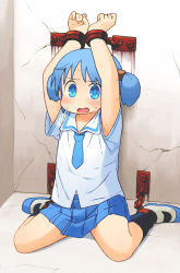Rule 34 | 1girl, armpit peek, arms up, bdsm, black socks, blue eyes, blue hair, blue necktie, blue skirt, blush, bound ankles, chain, chained, chained wrists, cube hair ornament, dungeon, hair ornament, highres, naganohara mio, necktie, nervous, nichijou, nishimura (prism engine), open mouth, pleated skirt, restrained, school uniform, shoes, short hair, short twintails, sitting, skirt, socks, solo, sweat, tokisadame school uniform, twintails, uwabaki, wariza