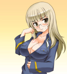 Rule 34 | 1girl, alternate breast size, blonde hair, blush, breasts, cleavage, covered erect nipples, glasses, large breasts, looking at viewer, military, military uniform, mirutsu (milts), perrine h. clostermann, solo, strike witches, uniform, world witches series, yellow background, yellow eyes