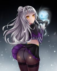 Rule 34 | 1girl, absurdres, ass, back, closed mouth, gloves, glowing, hair bun, hairband, highres, hololive, long hair, looking at viewer, looking back, magic, magic circle, murasaki shion, murasaki shion (1st costume), panties, panties under pantyhose, pantyhose, popcornflakes, shirt, simple background, single hair bun, skirt, sleeve cuffs, smile, solo, standing, striped clothes, striped shirt, thighs, underwear, upskirt, virtual youtuber, white hair, white panties, wind, wind lift, witch, yellow eyes