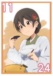 Rule 34 | 1girl, absurdres, alternate hairstyle, apron, ayanokoji himeno, black hair, blush, closed mouth, commentary request, cooking, cooking pot, cup, dated, flower, green kimono, hair between eyes, hair flower, hair ornament, hair up, highres, holding, holding cup, holding ladle, japanese clothes, kappougi, kimono, ladle, long hair, looking at food, love live!, love live! nijigasaki high school idol club, november, orange eyes, solo, steam, zasshoku ojisan
