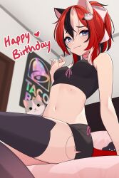 Rule 34 | 1girl, absurdres, animal, animal ears, black hair, black shorts, black sports bra, black thighhighs, blue eyes, blurry, borrowed character, breasts, calico, cat, cat ears, cat girl, cat hair ornament, cat tail, chann pika (artist), collar, depth of field, freckles, hair ornament, happy birthday, highres, ivy (nyaivie), looking at viewer, medium breasts, navel, original, ponytail, red hair, short shorts, shorts, sitting, small breasts, sports bra, stomach, taco bell, tail, thighhighs, white hair