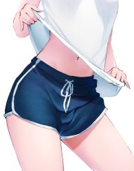 Rule 34 | 1girl, black shorts, clothes lift, contrapposto, dolphin shorts, eutoria, highres, lifting own clothes, lower body, midriff, navel, original, shirt, shirt lift, short shorts, shorts, simple background, solo, standing, thighs, white background, white shirt
