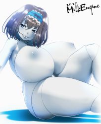 Rule 34 | 1girl, alternate breast size, black hair, blue eyes, blue hair, breasts, breasts on lap, curvy, dated, doll joints, garie tuman, grin, hairband, highres, huge breasts, joints, kyosuke fujiwara, looking at viewer, multicolored hair, nipples, nude, pale skin, senki zesshou symphogear, sharp teeth, shiny skin, short hair, simple background, sitting, smile, solo, teeth, thick thighs, thighs, two-tone hair, white background
