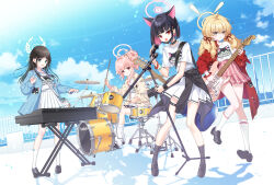 4girls :d after-school_sweets_club_(blue_archive) ahoge airi_(band)_(blue_archive) airi_(blue_archive) animal_ears bag band_(music) bass_guitar belt belt_buckle black_belt black_choker black_footwear black_hair black_jacket black_socks blonde_hair blue_archive blue_jacket blue_sky blunt_bangs blurry bob_cut bracelet brown_jacket buckle building cat_ears cat_girl choker clothes_around_waist cloud cloudy_sky colored_inner_hair commentary_request depth_of_field drum drum_set drumsticks electric_bass_guitar electric_guitar english_text extra_ears fence green_eyes grey_eyes guitar hair_between_eyes hair_bun hair_ornament hair_scrunchie hairclip halo highres holding holding_drumsticks holding_instrument instrument jacket jacket_around_waist jewelry juna kazusa_(band)_(blue_archive) kazusa_(blue_archive) keyboard_(instrument) kneehighs leaning_forward long_hair long_sleeves looking_at_viewer loose_socks low_twintails microphone microphone_stand multicolored_hair multiple_girls music natsu_(band)_(blue_archive) natsu_(blue_archive) official_alternate_costume official_alternate_hairstyle open_clothes open_jacket open_mouth outdoors pink_hair pink_skirt playing_instrument pleated_skirt print_shirt red_eyes red_jacket ring scrunchie shirt shoes short_hair short_sleeves shoulder_bag side_ponytail sidelocks singing single_side_bun skirt sky skyscraper smile socks t-shirt thigh_belt thigh_strap twintails two-tone_hair wavy_hair white_shirt white_skirt white_socks yoshimi_(band)_(blue_archive) yoshimi_(blue_archive)