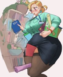 Rule 34 | 1girl, artist request, between thighs, blonde hair, breasts, character request, curvy, large breasts, office lady, purple eyes, simple background, solo, source request, thick thighs, thighs, wide hips