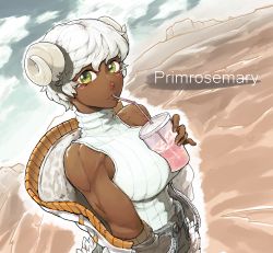 Rule 34 | 1girl, bad id, bad pixiv id, biceps, breasts, character name, cup, curled horns, dark-skinned female, dark skin, disposable cup, drinking, drinking straw, fingernails, goat horns, green eyes, highres, horns, jacket, landscape, looking at viewer, medium breasts, muscular, muscular female, off shoulder, original, pinky out, primrose mary, ribbed sweater, short hair, skinnytorch, sleeveless, sleeveless turtleneck, solo, sweater, turtleneck, turtleneck sweater, white hair, white jacket, white sweater
