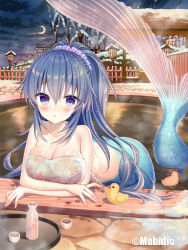 Rule 34 | 1girl, ass, bare tree, blue eyes, blue hair, blush, breasts, choko (cup), cleavage, cloud, cloudy sky, collarbone, covering privates, crescent moon, crossed arms, cup, large breasts, long hair, looking at viewer, mermaid, monster girl, moon, night, night sky, nude cover, onsen, original, outdoors, parted lips, partially submerged, ponytail, railing, rubber duck, sky, snow, solo, tokkuri, towel, tray, tree, very long hair, water, yuuki rika