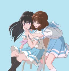 2girls black_hair blue_background brown_hair chair fluffy_hair happy hibike!_euphonium highres hug hug_from_behind kousaka_reina long_hair medium_hair multiple_girls oumae_kumiko purple_eyes school_uniform sitting sudachi_(kkhk2225)