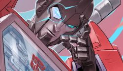 Rule 34 | autobot, blue eyes, commentary, english commentary, hand on own face, head tilt, light smile, looking at viewer, mecha, perceptor (transformers), portrait, pretentiousfork, robot, science fiction, scouter, solo, transformers