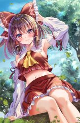 Rule 34 | 1girl, arm up, armpits, ascot, blush, bow, breasts, brown hair, closed mouth, detached sleeves, feet out of frame, hair tubes, hakurei reimu, highres, leaf, looking at viewer, medium breasts, navel, outdoors, red bow, red eyes, red skirt, ribbon-trimmed sleeves, ribbon trim, rouge (my rouge), short hair, sideboob, sitting, skirt, smile, touhou, yellow ascot