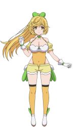 Rule 34 | 1girl, ankle boots, blonde hair, boots, leotard, leotard under clothes, long hair, official art, onko akino, orange thighhighs, ponytail, solo, split mouth, straight-on, swept bangs, thighhighs, transparent background, wixoss, wixoss diva(a)live, yellow eyes, yellow thighhighs