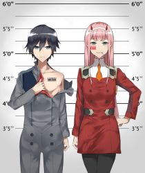 Rule 34 | 10s, 1boy, 1girl, barcode, barcode tattoo, black hair, black pantyhose, blue eyes, candy, collarbone, couple, darling in the franxx, eyes visible through hair, food, green eyes, hair between eyes, hair ornament, hairband, hand on own hip, height chart, hiro (darling in the franxx), horns, in mouth, kaz (kaazzz0416), lineup, lollipop, long hair, looking at viewer, military, military uniform, mugshot, necktie, oni horns, orange neckwear, pantyhose, pink hair, red horns, red neckwear, short hair, tattoo, uniform, white hairband, zero two (darling in the franxx)