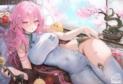 Rule 34 | 1girl, alice vu, alternate costume, animal, azur lane, bare shoulders, bird, blush, bonsai, breasts, chick, china dress, chinese clothes, covered navel, dress, highres, holding, holding phone, indoors, large breasts, looking at viewer, lying, nail polish, navel, no panties, official alternate costume, on side, open mouth, owl, perseus (azur lane), perseus (spring lackadaisical leisure) (azur lane), phone, pink eyes, pink hair, pink nails, side slit, skin tight, sleeveless, sleeveless dress, solo, white dress