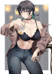 Rule 34 | 1girl, absurdres, black bra, black hair, blouse, bra, breasts, choker, cleavage, cup, drinking glass, earrings, glass, green eyes, highres, ice, jewelry, kyoyakyo, long sleeves, multicolored hair, nail polish, navel, open clothes, open shirt, original, pants, shirt, short hair, simple background, solo, two-tone hair, underwear