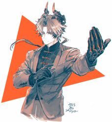 Rule 34 | 1boy, alternate costume, arknights, black shirt, black skin, brown hair, brown pants, brown suit, chinese clothes, chong yue (arknights), colored skin, cropped legs, dated, dragon boy, dragon horns, formal, horns, looking at viewer, male focus, mandarin collar, oisyox72, orange background, pants, parted bangs, pointy ears, ponytail, red eyes, shirt, signature, simple background, smile, solo, suit, triangle, white background