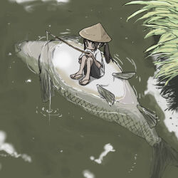 Rule 34 | 0 0, 1girl, animal, black shorts, brown hair, dark-skinned female, dark skin, day, dead animal, fish, fish request, fishing, fishing rod, from above, grass, hat, holding, holding fishing rod, long hair, looking ahead, no mouth, original, outdoors, oversized animal, ponytail, reflection, reflective water, ripples, sandals, shirt, short sleeves, shorts, sitting on animal, solo, straw hat, t-shirt, umi ha kirai, water, white shirt, wide shot