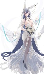 Rule 34 | 1girl, absurdres, animal ears, azur lane, bare shoulders, blue eyes, blue hair, blush, bouquet, breasts, bridal veil, choker, cleavage, closed mouth, detached collar, dress, earrings, fake animal ears, flower, gloves, high heels, highres, holding, holding bouquet, jewelry, large breasts, legs together, long hair, looking at viewer, new jersey (azur lane), new jersey (snow-white ceremony) (azur lane), official alternate costume, rabbit ears, raitho, revealing clothes, rose, sidelocks, simple background, smile, solo, standing, tachi-e, veil, very long hair, wedding dress, white background, white choker, white dress, white flower, white gloves, white rose