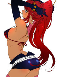 Rule 34 | 00s, 1girl, adjusting hair, arched back, ass, ateka, bikini, bikini top only, breasts, elbow gloves, gloves, long hair, looking back, micro shorts, mouth hold, ponytail, red hair, scarf, short shorts, shorts, solo, strap gap, swimsuit, tengen toppa gurren lagann, thighhighs, underboob, white background, yellow eyes, yoko littner