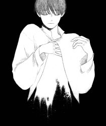 Rule 34 | 1boy, closed eyes, closed mouth, collared shirt, crescent, eyelashes, facing viewer, greyscale, hand under clothes, hand under shirt, hands up, highres, light particles, long sleeves, melting, monochrome, open clothes, open shirt, original, sae sae, severed torso, shirt, short hair, simple background, solo, sparkle, surreal, upper body