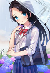 Rule 34 | 1girl, bag, black hair, blue eyes, blue flower, blue skirt, blush, bow, bowtie, cellphone, collared shirt, commentary request, flower, hachinatsu, highres, holding, holding phone, holding umbrella, hydrangea, long hair, looking at viewer, no bangs, open mouth, original, outdoors, parted hair, phone, pink flower, pleated skirt, rain, red bow, red bowtie, school bag, school uniform, shirt, skirt, smartphone, smile, solo, striped bow, striped bowtie, striped clothes, striped neckwear, transparent, transparent umbrella, umbrella, white shirt