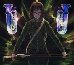 Rule 34 | backpack, bag, beholder564, belt, brown eyes, brown hair, character request, glasses, green shirt, gun, highres, holding, holding gun, holding weapon, instrument, long sleeves, looking at viewer, medium hair, pants, runes, shirt, solo, triangle ring, tuba, weapon, world of horror