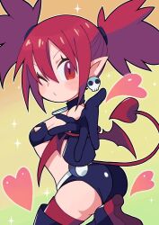 Rule 34 | 1girl, ass, bandeau, bare shoulders, black bandeau, black footwear, black shorts, blowing kiss, boots, breasts, choker, disgaea, earrings, etna (disgaea), from side, gradient background, hair between eyes, heart, jewelry, leg up, makai senki disgaea 2, midriff, miyata (lhr), o-ring, o-ring choker, one eye closed, pointy ears, rainbow background, red eyes, red hair, red thighhighs, revealing clothes, short hair, short shorts, shorts, simple background, skull earrings, small breasts, solo, thigh boots, thighhighs, thighs, tight butt, twintails