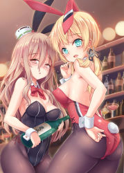Rule 34 | 10s, 2girls, :o, adjusting clothes, adjusting leotard, alcohol, anchor hair ornament, animal ears, ass, bar (place), bare shoulders, black legwear, black leotard, blonde hair, blush, bottle, bow, breasts, brown eyes, brown hair, cleavage, cocktail, cocktail glass, cowboy shot, cup, detached collar, drinking glass, fake animal ears, from below, green eyes, groin, hair between eyes, hair bow, hair ornament, half-closed eyes, hat, holding, holding bottle, indoors, kantai collection, leotard, long hair, looking at viewer, looking back, md5 mismatch, medium breasts, milkshakework, mini hat, multiple girls, pantyhose, playboy bunny, pola (kancolle), prinz eugen (kancolle), rabbit ears, rabbit tail, red leotard, shelf, sideboob, standing, strapless, strapless leotard, sweat, tail, twintails, wrist cuffs