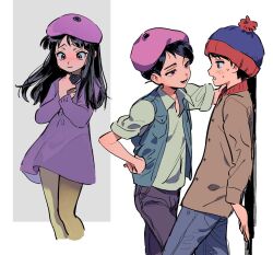 Rule 34 | 1boy, 1girl, animification, beanie, black hair, brown coat, child, coat, commentary, commentary request, couple, hat, hetero, highres, long hair, looking at another, miyage no nukegara, south park, stan marsh, tears, tomboy, wendy testaburger