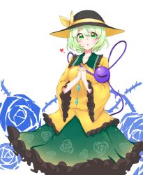 Rule 34 | 1girl, bad id, bad pixiv id, black hat, blush, closed eyes, collar, collarbone, cowboy shot, eyebrows, floral print, flower, frilled collar, frilled shirt collar, frilled skirt, frilled sleeves, frills, green eyes, green hair, green skirt, hair between eyes, hat, hat ribbon, heart, interlocked fingers, jacket, komeiji koishi, long sleeves, looking at viewer, matching hair/eyes, own hands clasped, own hands together, plant, ribbon, rose, saple, short hair, simple background, skirt, solo, string, tareme, thick eyebrows, third eye, thorns, touhou, white background, yellow jacket, yellow ribbon