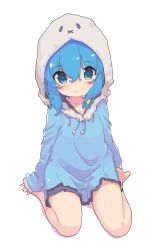 Rule 34 | 1girl, aoi tori, barefoot, blue dress, blush, closed mouth, commentary request, drawstring, dress, full body, hair between eyes, highres, hood, hood up, hooded dress, long sleeves, looking at viewer, original, shadow, sitting, sleeves past wrists, solo, wariza, white background