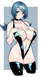 Rule 34 | 1girl, absurdres, areola slip, black choker, black thighhighs, blue eyes, blue hair, breast suppress, breasts, choker, collarbone, contrapposto, cowboy shot, creatures (company), cropped legs, freckles, game freak, halterneck, head tilt, highres, lana&#039;s mother (pokemon), large breasts, long hair, looking at viewer, mature female, naidong (artist), nintendo, outside border, pokemon, pokemon (anime), pokemon sm (anime), ponytail, shiny clothes, short hair, simple background, sketch, skindentation, slingshot swimsuit, smile, solo, swimsuit, thick thighs, thighhighs, thighs