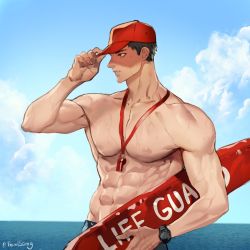 Rule 34 | 1boy, bara, baseball cap, black eyes, cloud, day, hat, large pectorals, lifeguard, male focus, muscular, muscular male, navel, nipples, original, pectorals, topless male, short hair, sky, solo, ssong-ga, surfboard, twitter username, upper body, watch, whistle, whistle around neck, wristwatch