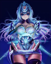 Rule 34 | 00s, 1girl, android, bad proportions, blue eyes, blue hair, breasts, cameltoe, cleavage, expressionless, fingerless gloves, gloves, glowing, kos-mos, large breasts, lips, long hair, matching hair/eyes, panties, pote (crown), solo, thighs, underwear, xenosaga, xenosaga episode i