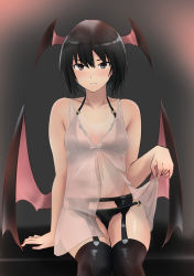 Rule 34 | 1girl, absurdres, amagami, arm support, babydoll, babydoll lift, bare shoulders, black bra, black eyes, black hair, black panties, black thighhighs, blush, bow, bra, breasts, commentary, demon girl, demon wings, garter belt, garter straps, grin, hair between eyes, halloween costume, halterneck, head wings, highres, lifted by self, looking at viewer, midriff, nanasaki ai, naughty face, one-piece tan, panties, panties over garter belt, parted lips, see-through, short hair, sitting, small breasts, smile, solo, swimsuit, tan, tanline, thighhighs, underwear, v-shaped eyebrows, white babydoll, white bow, wings, yoo tenchi