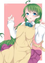 Rule 34 | 10s, 1girl, apron, blue eyes, blush, braid, breasts, covered erect nipples, green hair, highres, kantai collection, long hair, long sleeves, looking at viewer, medium breasts, mole, mole under mouth, nebusoku, open mouth, red background, school uniform, serafuku, simple background, single braid, solo, very long hair, yuugumo (kancolle)