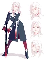 Rule 34 | 1girl, belt, black coat, coat, contrapposto, cross, earrings, gradient belt, hands on hilt, highres, holding, holding sword, holding weapon, inverted cross, inverted cross earrings, jewelry, keibleh, long sleeves, looking at viewer, marianne (keibleh), multiple views, original, pale skin, parted lips, planted, planted sword, planted weapon, pointy ears, portrait, red eyes, simple background, smile, spread legs, sword, weapon, white background, white belt, white hair